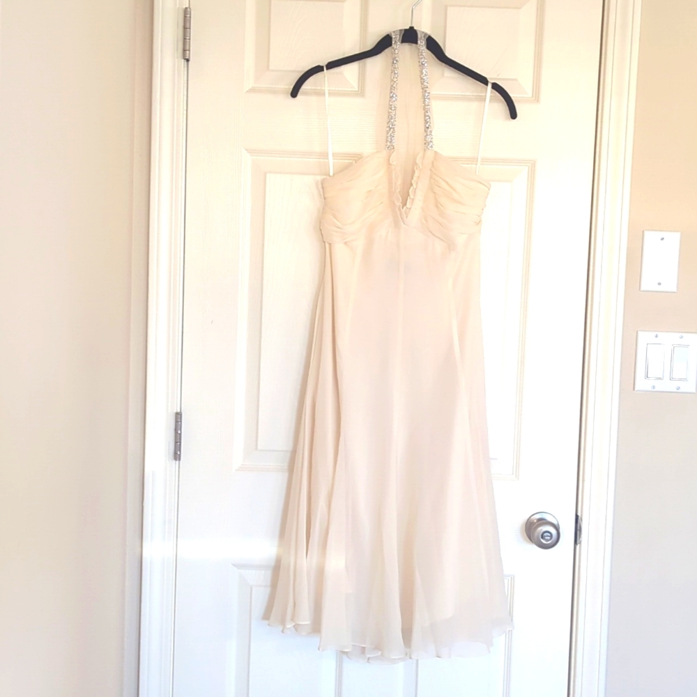 BCBGMaxAzaria flowy, silk, halter, dress, size 10, embellished netted straps